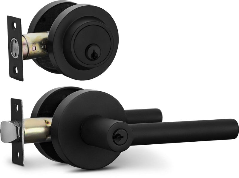 Berlin Modisch Entry Lever Door Handle and Single Cylinder Deadbolt Lock and Key Sleek Round Locking Lever Handle Set [Front Door or Office] Right & Left Sided Doors Heavy Duty â€“ Iron Black Finish - Image 1